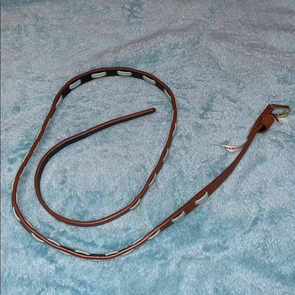brown leather women’s skinny belt with aqua